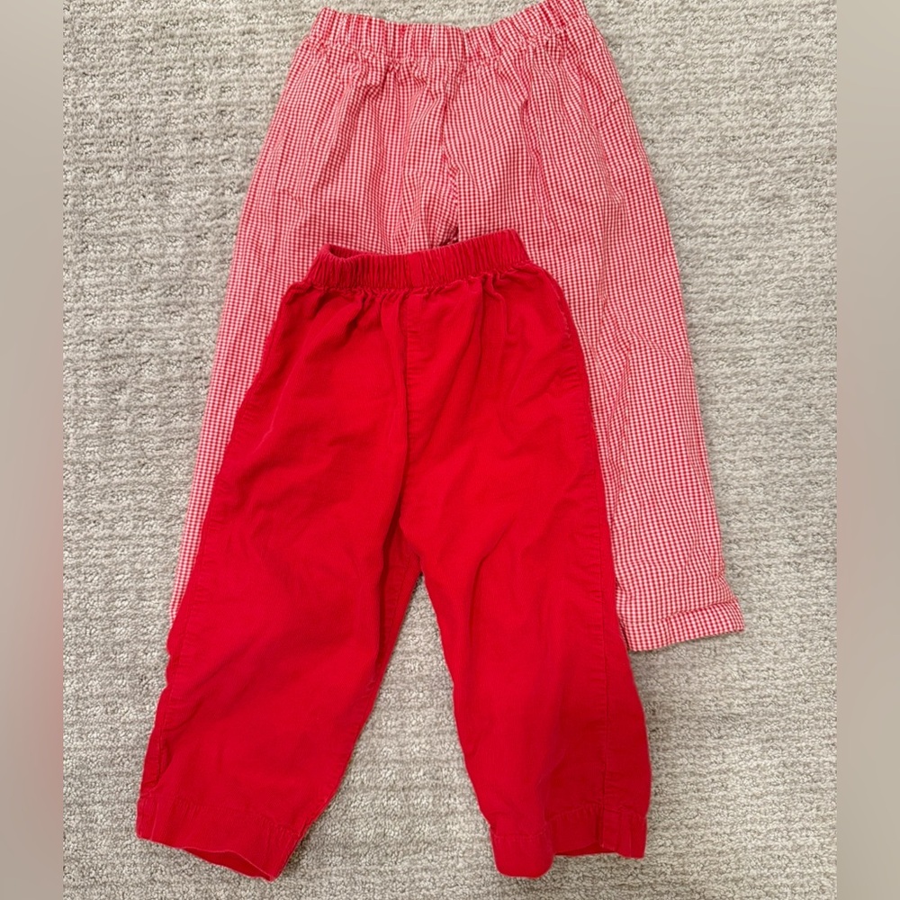 2 Pair Smocked Little Boys Red Corduroy Gingham Check Cotton Trouser Pants 24M